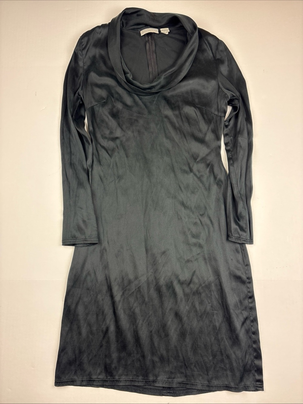 Hugo Buscati Women Size 6 Dress Solid Black Silk Blend Stretch Cowl Neck Sheath